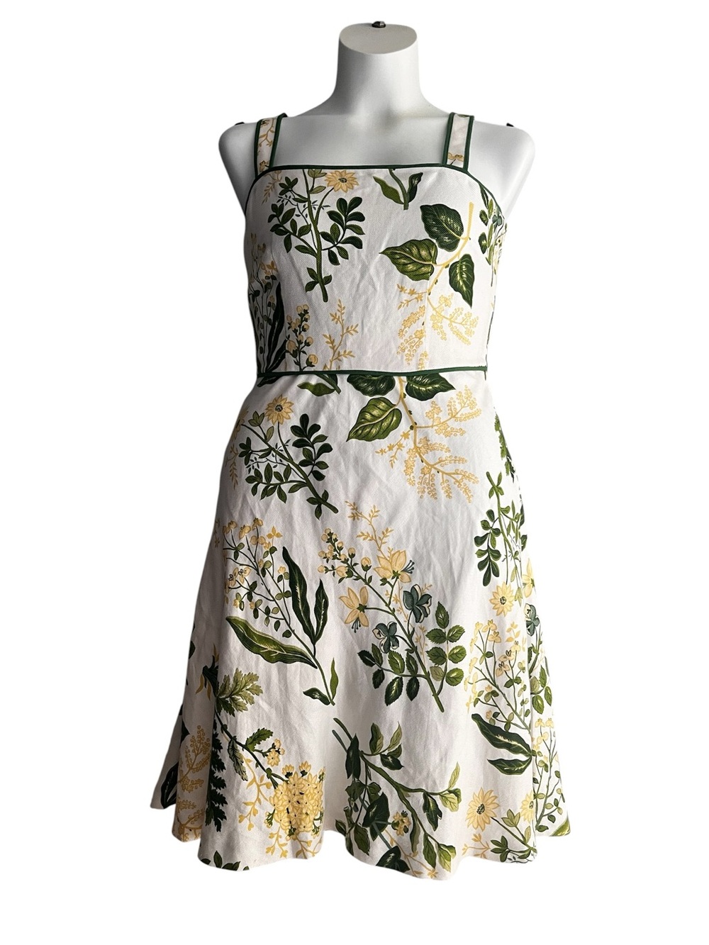 LOFT White Midi Dress with Green & Yellow Floral Print Linen Blend